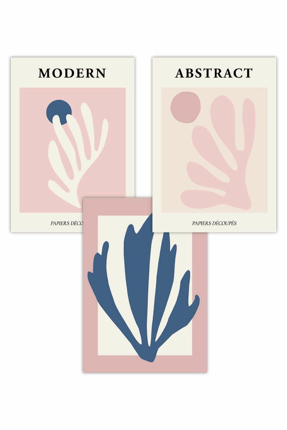 Set of 3 Matisse Style Floral Cut Out Navy & Pink Art Posters